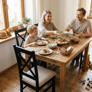 Czarne krzesło krzyżak z beżową tapicerką plamoodporną do jadalni kuchni salonu seatbetter