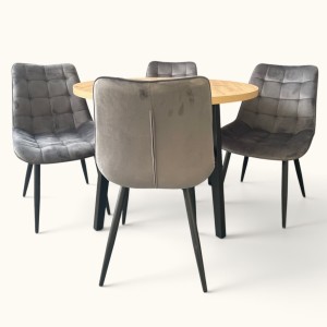 Komplet do jadalni stół drewniany czarny blat dąb artisan i 4 krzesła tapicerowane szare na metalowym stelażu w stylu loft nowoczesnym