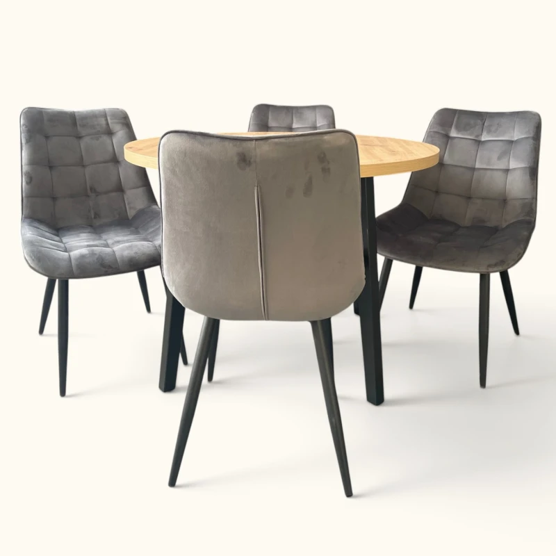 Komplet do jadalni stół drewniany czarny blat dąb artisan i 4 krzesła tapicerowane szare na metalowym stelażu w stylu loft nowoczesnym